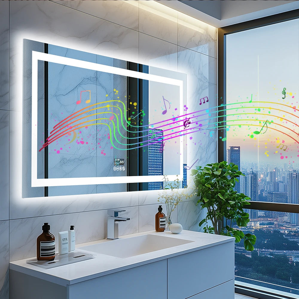 Smart LED Bathroom Mirror with Bluetooth Speaker & Display – Anti-Fog, Dimmable, Dual Light, 3 Color Modes