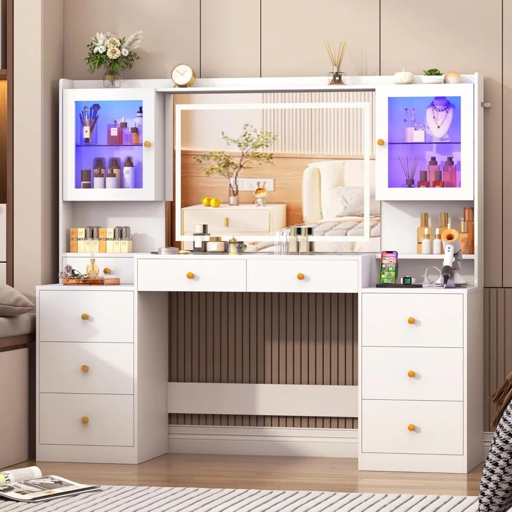 62-Inch Large Vanity Desk with Glass Top, RGB LED Lights, Power Outlet & Mirror
