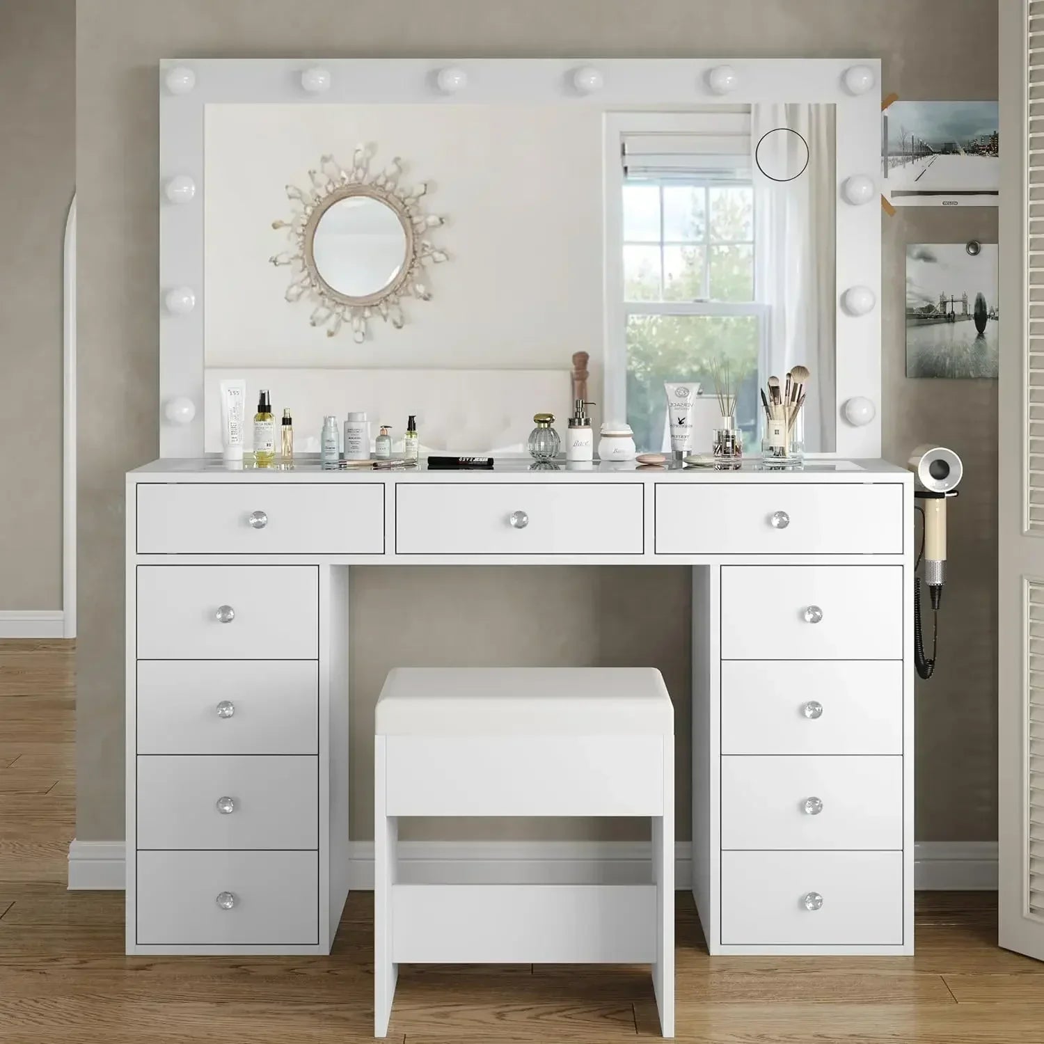 46" Vanity Desk with Mirror, 12 LED Lights, Power Outlet & Chair – 11 Drawer Makeup Table Set