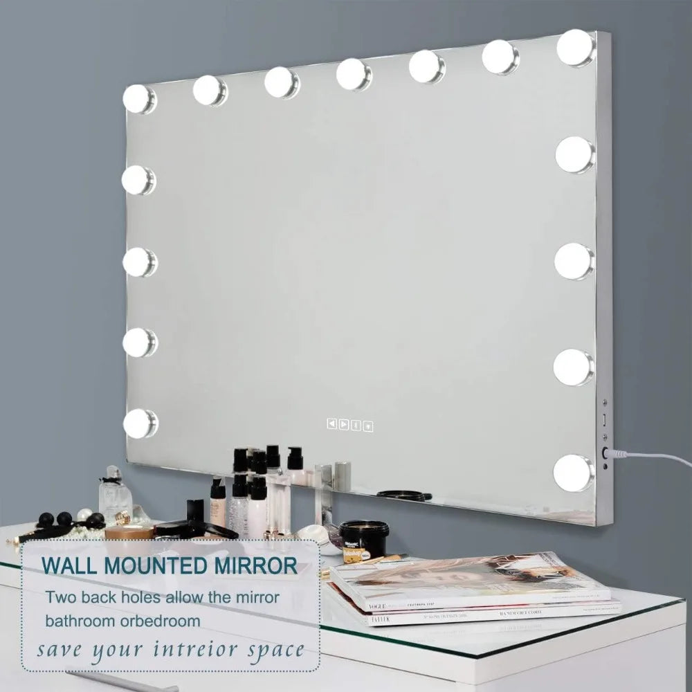 Vanity Mirror with Lights and Bluetooth Speaker Support Answer Call, Touch Screen, 3 Color Modes Tabletop 15 Dimmable Bulbs