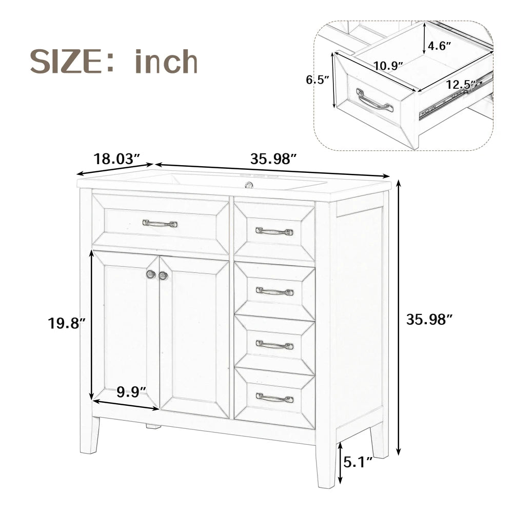 36" Grey Bathroom Vanity with Sink Combo | Solid Wood Frame & MDF Board | Freestanding Cabinet with Drawers