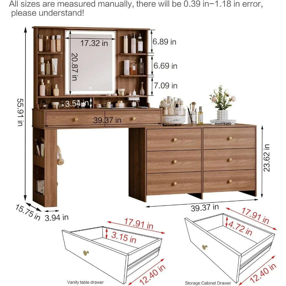 Vanity Desk with Mirror, Lights & Charging Station – 8 Drawers & Adjustable Shelves