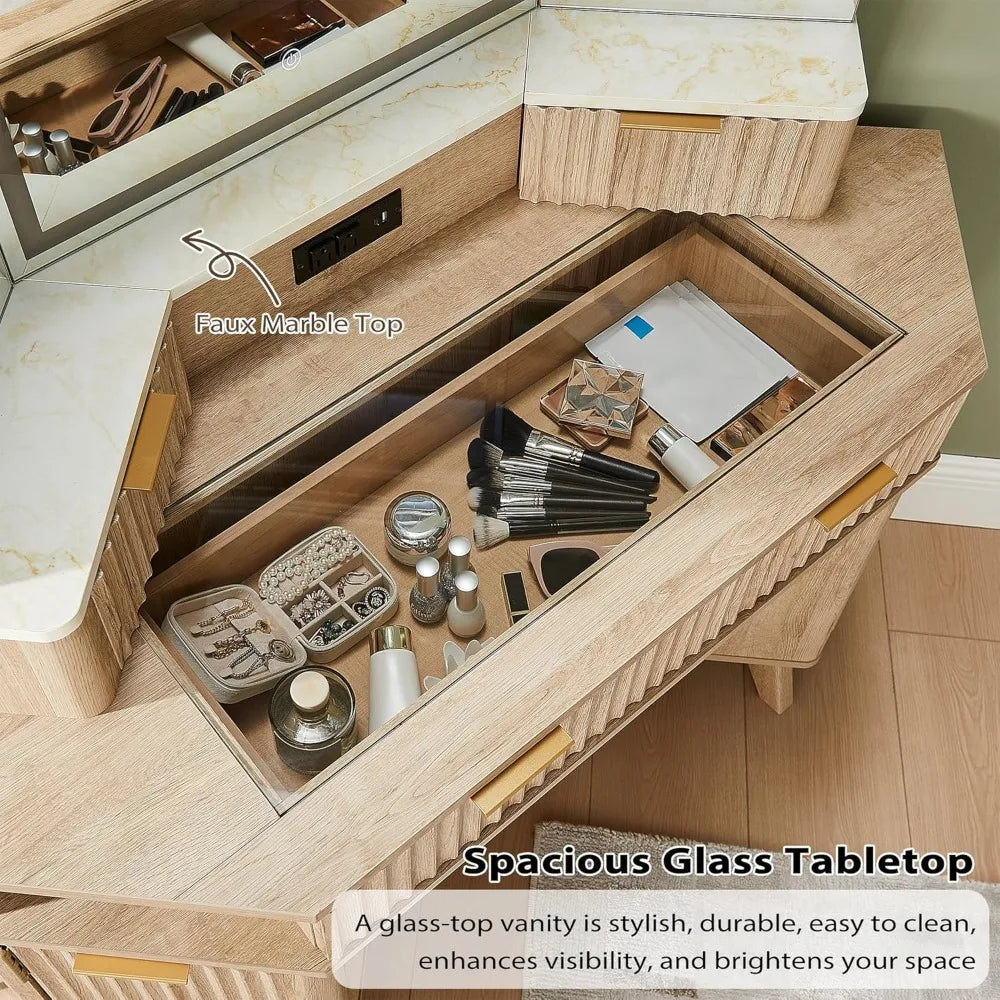 Fluted Makeup Vanity Desk with 3-Way Mirror, LED Lights & Charging Station
