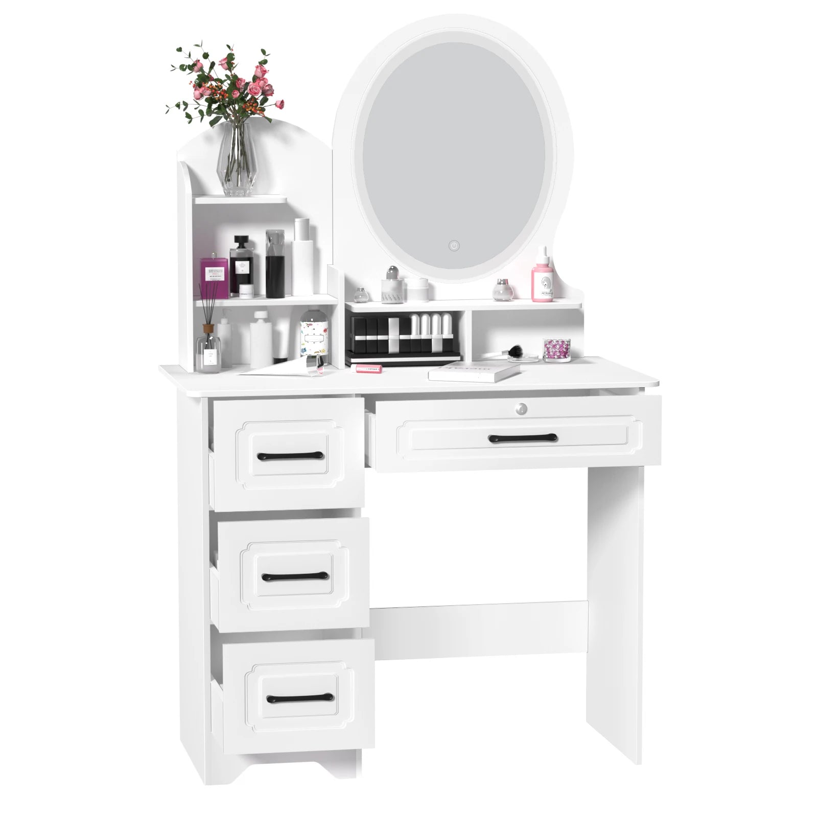 31.5" Vanity Desk with LED Mirror & Stool – Makeup Table with 4 Drawers & Open Storage Shelves