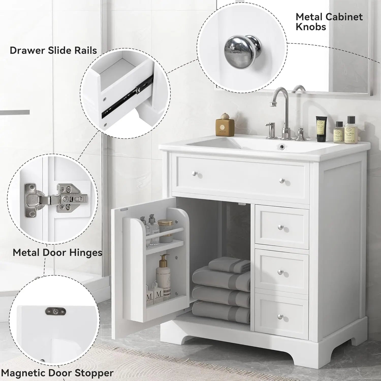 30" Bathroom Vanity with Sink – White Freestanding Cabinet with 2 Drawers, Soft-Close Door & Integrated Sink