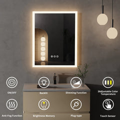 16x20 inch LED Lighted Bathroom Mirror with Anti-Fog, Wall Mounted Vanity Mirror with Smart Touch Button, Memory Function