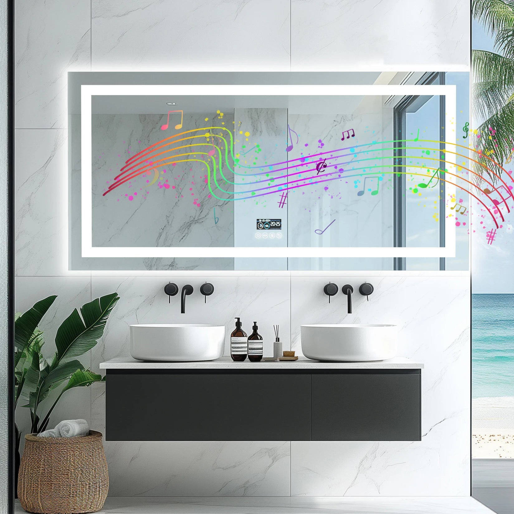 Smart LED Bathroom Mirror with Bluetooth Speaker & Display – Anti-Fog, Dimmable, Dual Light, 3 Color Modes