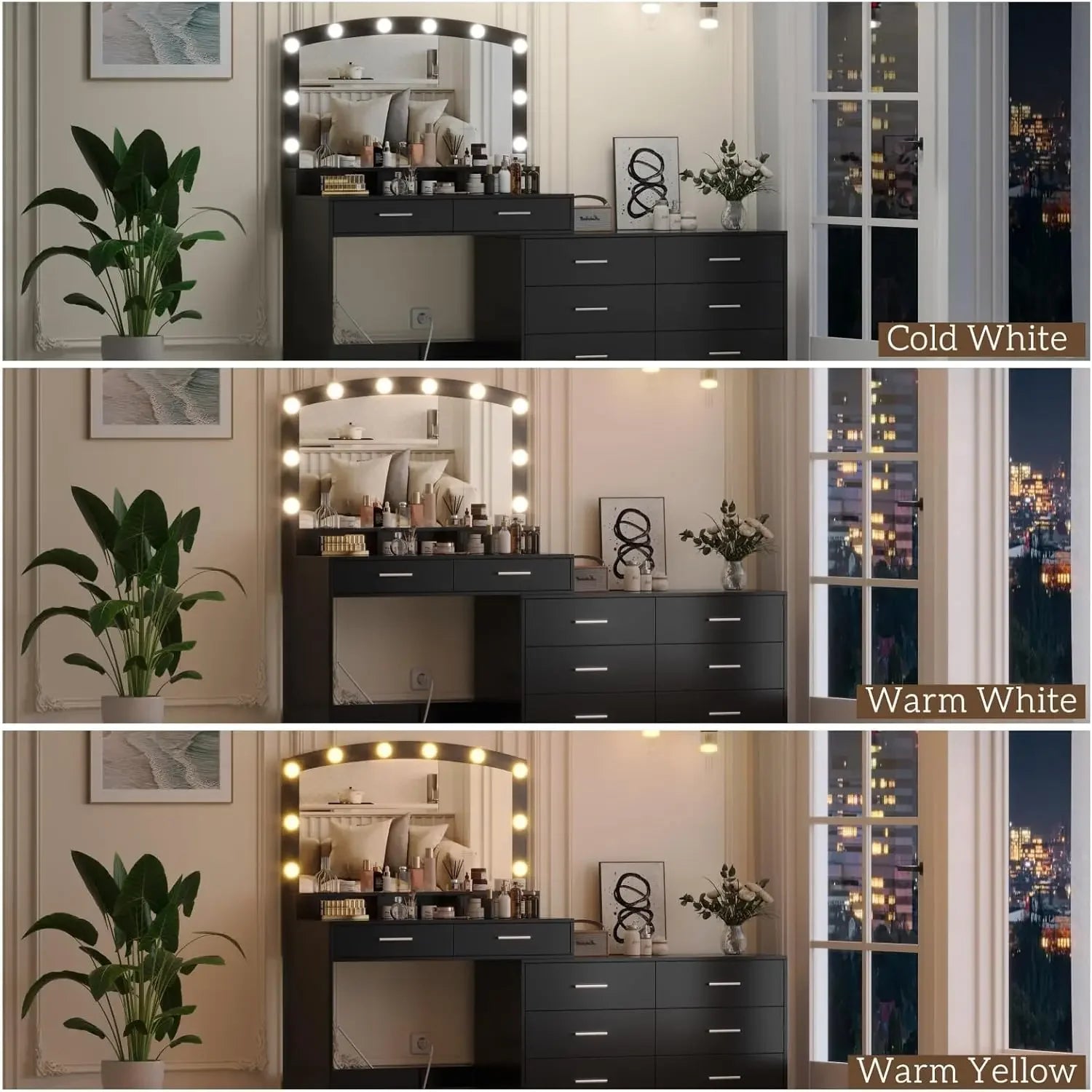 Vanity Desk with Large Mirror and 3-Color Lights