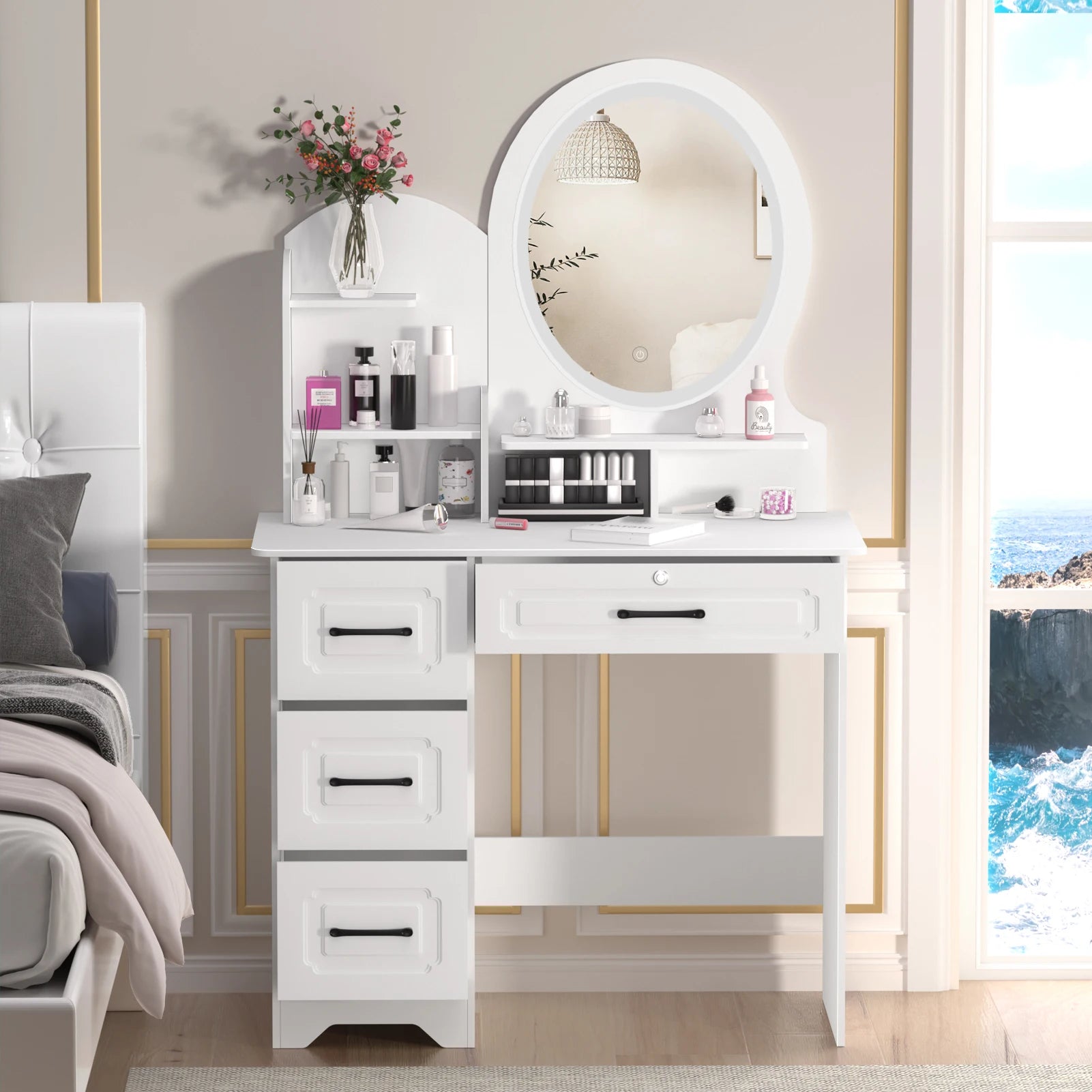 31.5" Vanity Desk with LED Mirror & Stool – Makeup Table with 4 Drawers & Open Storage Shelves