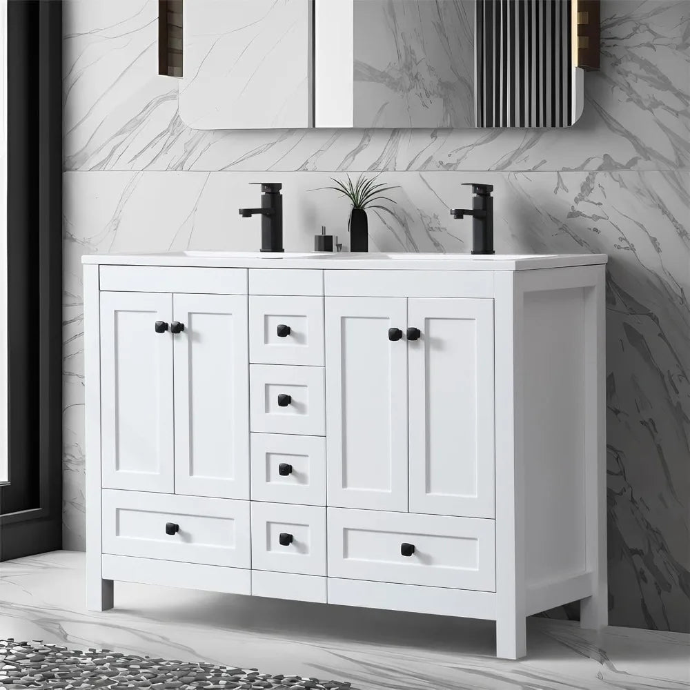 48" Bathroom Vanity Cabinet with Double Sink Combo Set Modern Engineered Wood Base | Durable Resin Sinks | Black Faucets | Ample Storage with Soft-Close Doors & Drawers