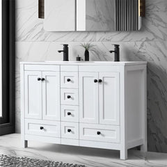 48" Bathroom Vanity Cabinet with Double Sink Combo Set Modern Engineered Wood Base | Durable Resin Sinks | Black Faucets | Ample Storage with Soft-Close Doors & Drawers