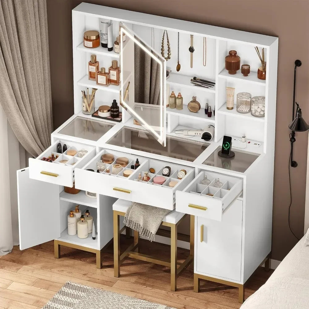 Makeup Vanity Desk with Mirror, LED Lights & Charging Station | 45" Wide White Vanity Set with Ample Storage