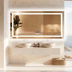 Extra-Long LED Bathroom Mirror with Bluetooth Speaker – Front & Backlit Smart Vanity Mirror with Anti-Fog & Memory Function