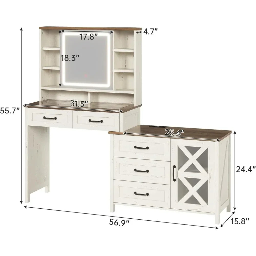 Farmhouse Makeup Vanity with Glass Top, Touch Screen LED Mirror, 3 Lighting Modes, Charging Station, 5 Drawers, Shelves & Cabinet