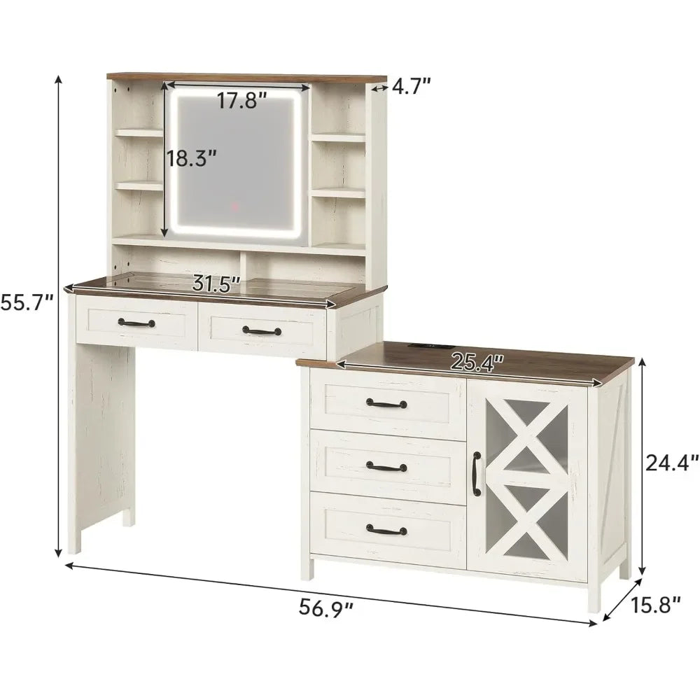 Modern Vanity Desk with Glass Top, Touch Screen LED Mirror & Charging Station