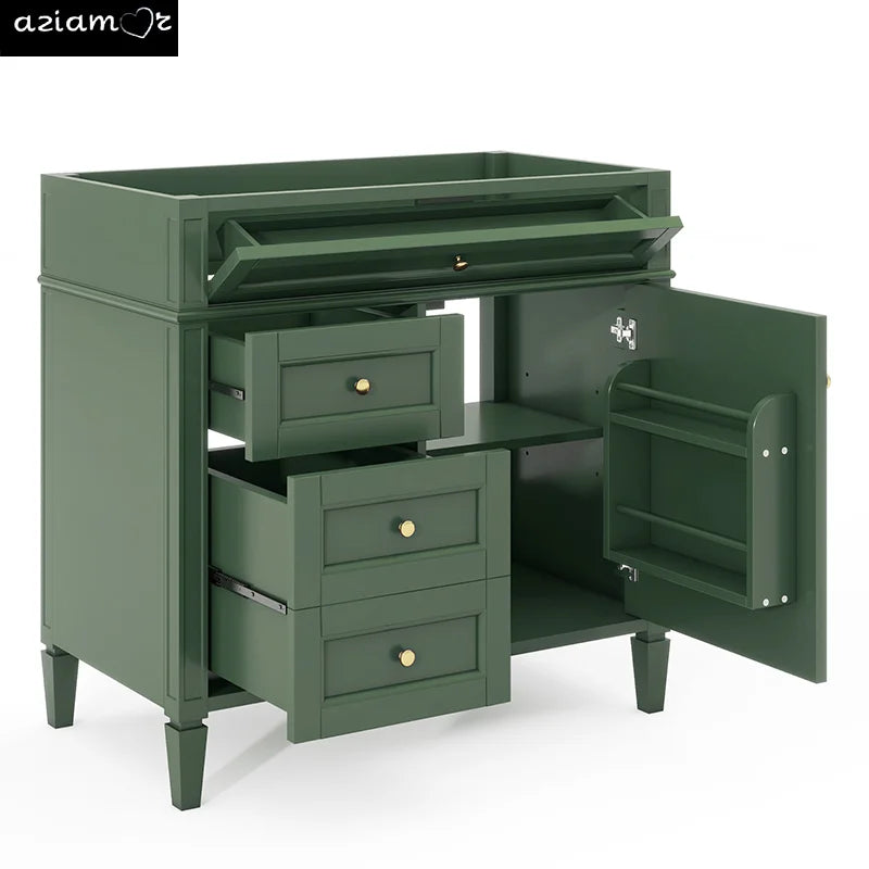 36" Freestanding Bathroom Vanity Cabinet – Solid Wood Storage with Drawers, Tip-Out Tray & Shelved Door
