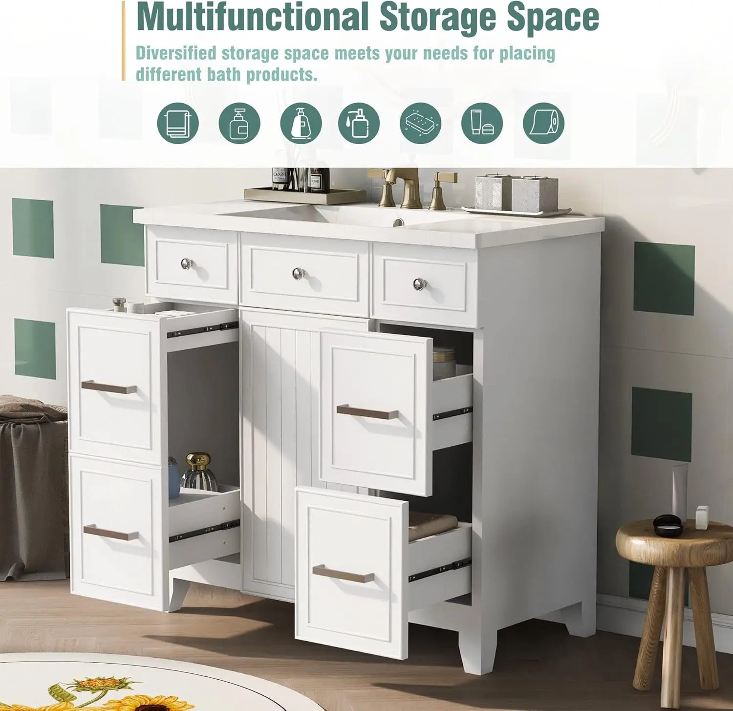 36" Bathroom Vanity with Sink Top Set – Bathroom Storage Cabinet with Soft-Close Doors and Drawers