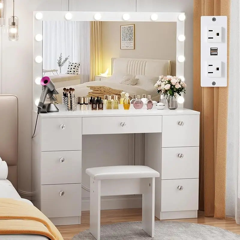 Vanity Desk with Lighted Mirror, 3-Color Modes & Charging Station – 7 Drawers