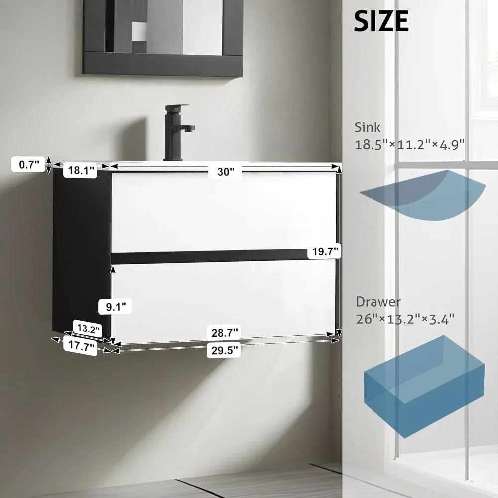 30" Floating Bathroom Vanity with Ceramic Sink & Matte Black Faucet – 2 Drawer Wall-Mounted Cabinet Combo