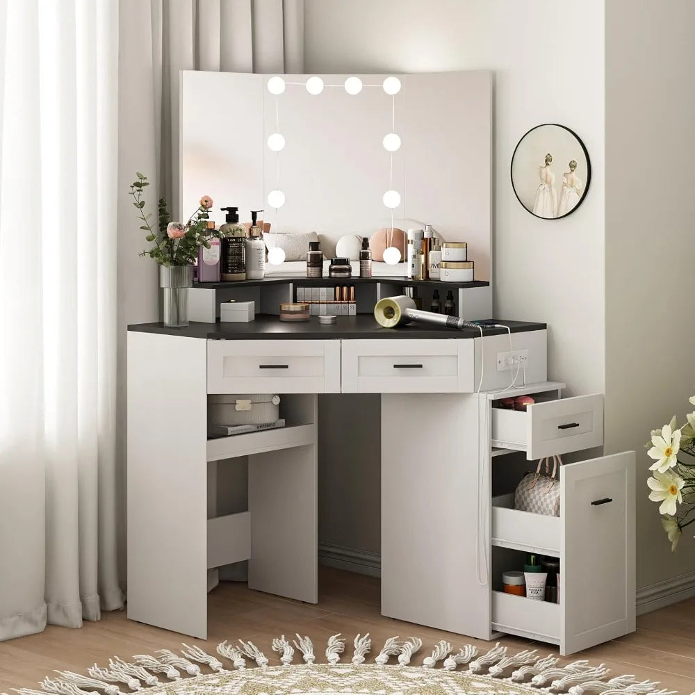 Corner Vanity Desk with Tri-Fold Mirror & LED Lights – Makeup Table with Power Outlets, Drawers & Storage Shelves