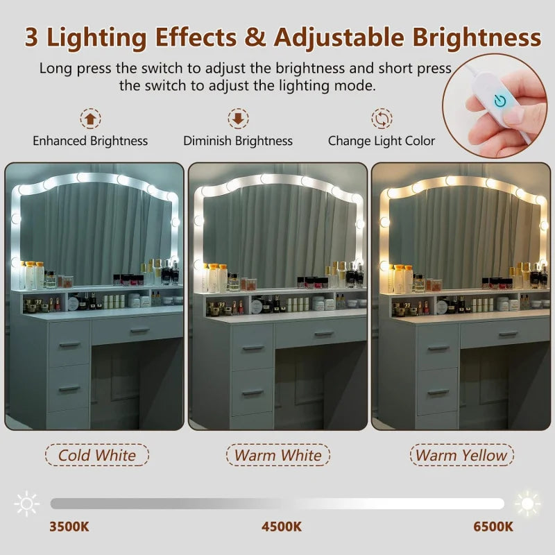 Usikey 43.3" Makeup Vanity Table with Lighted Mirror – 7 Drawers, 10 Bulbs & 3 Lighting Colors, Large Dressing Table