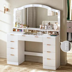 46" Fluted Makeup Vanity Desk with Glass Top, Mirror & Lights – 9 Drawers, Power Outlet & Adjustable LED