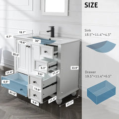 36" Bathroom Vanity Sink Combo with Solid Wood Construction & Vintage Design – 5 Drawers, 2 Doors Storage Cabinet