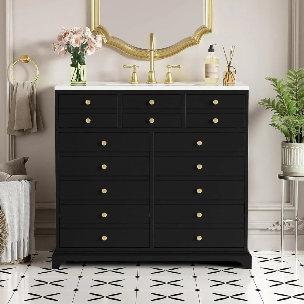 36" Freestanding Bathroom Vanity with Sink – Modern Black Vanity Cabinet with 2 Drawers & 2 Doors, Solid Wood, Farmhouse Style