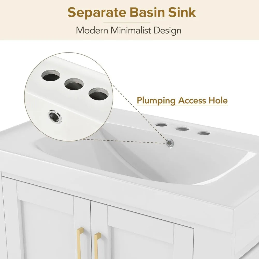 30" Freestanding Bathroom Vanity with Sink – Single Sink Cabinet with Drawer & Side Shelf