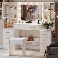 58.3" Makeup Vanity Desk with Lighted Mirror, Drawers & Storage Cabinets