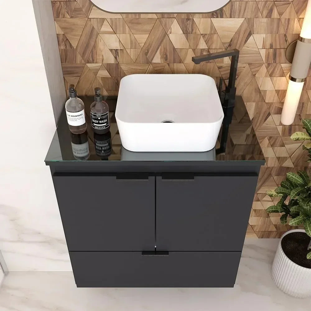 24" Floating Bathroom Vanity with Ceramic Sink – Soft-Close Doors & Drawer, Tempered Glass Countertop