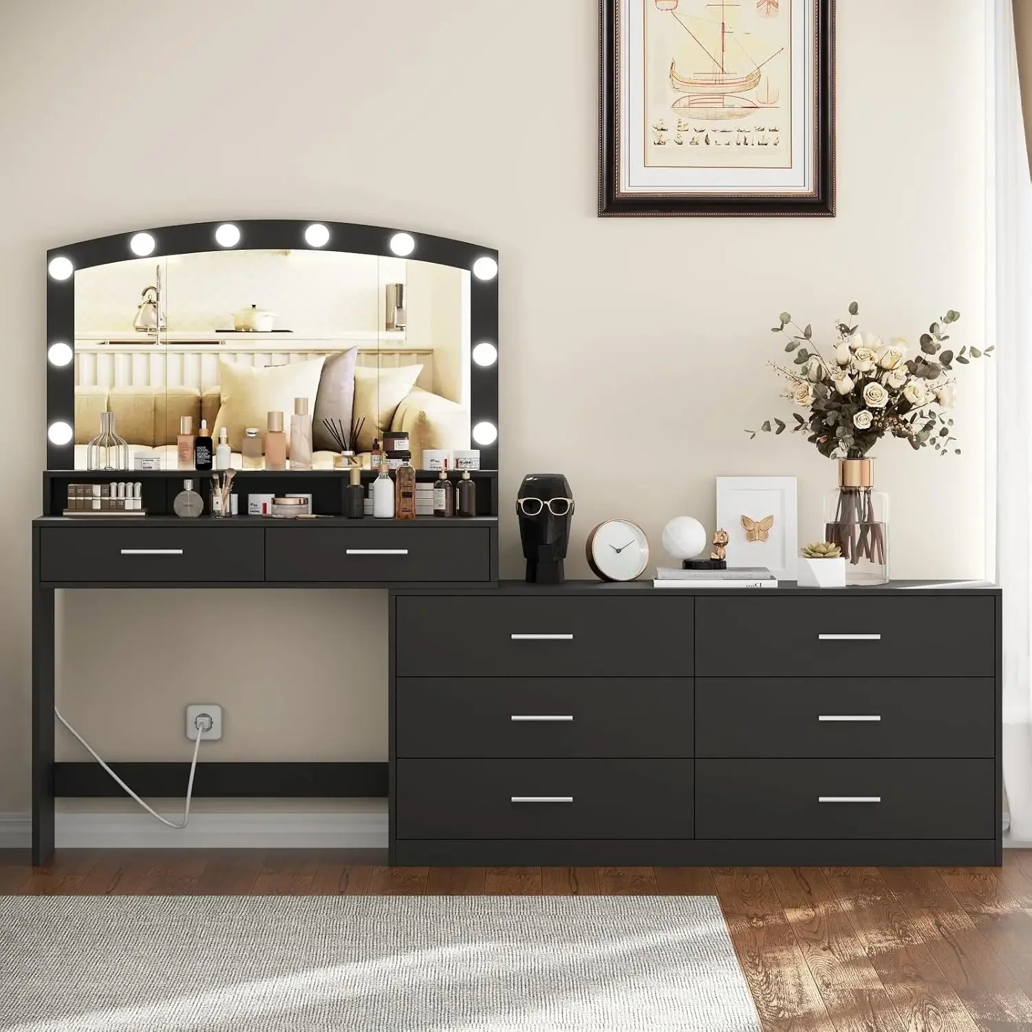 Vanity Desk with Large Mirror and 3-Color Lights