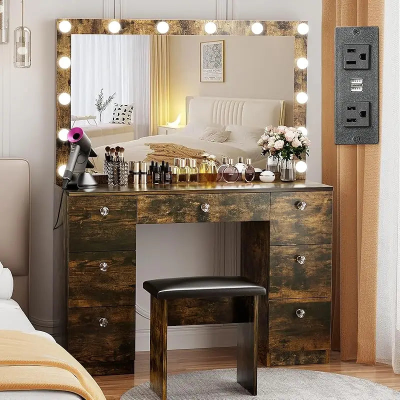 Vanity Desk with Lighted Mirror, 3-Color Modes & Charging Station – 7 Drawers