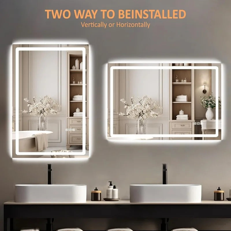 Led Bathroom Mirror with Front lit and Backlit Dimmable Vanity Wall Mirror Anti-Fog Memory Mirrors for Bathroom