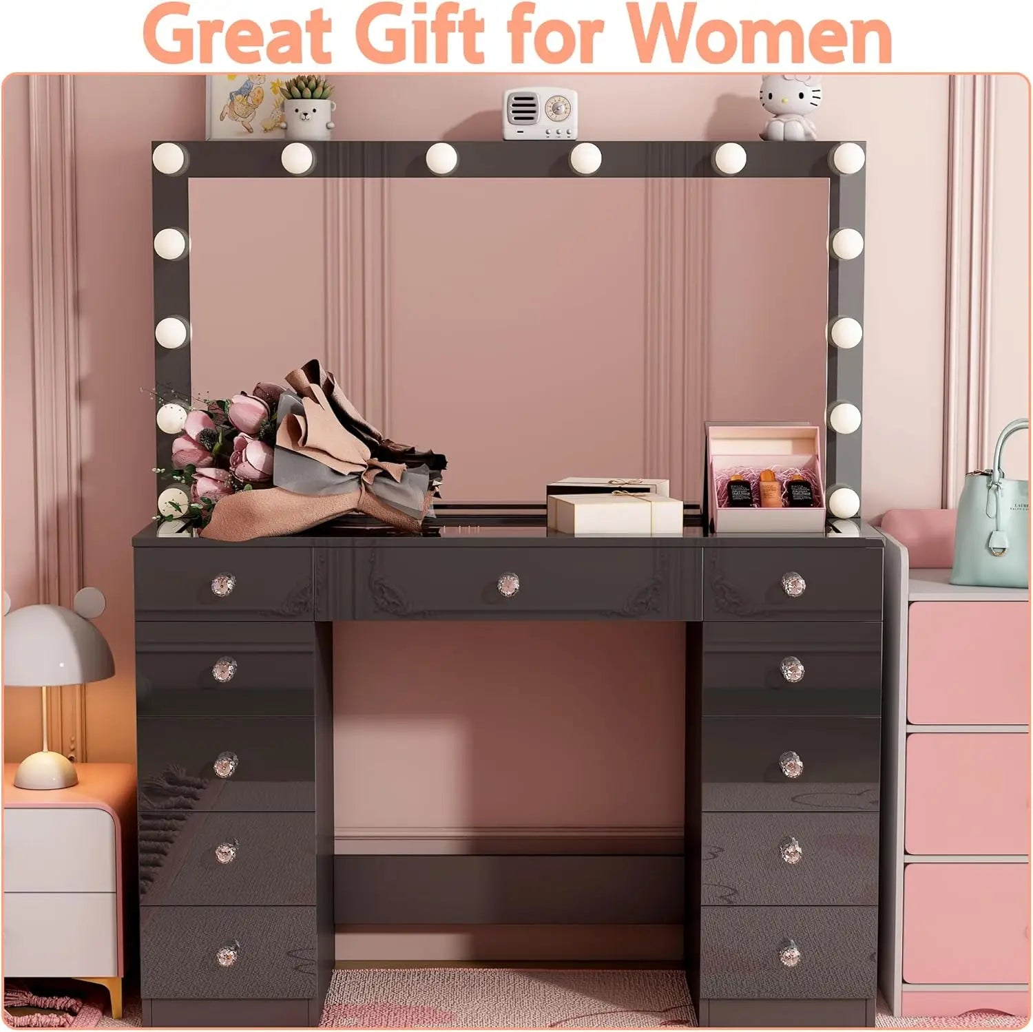 Vanity Desk with Power Outlet, Lighted Mirror & 14 LED Lights, 3 Lighting Modes, 11-Drawer Makeup Vanity Table with Sliding Jewelry Cabinets & Glass Top