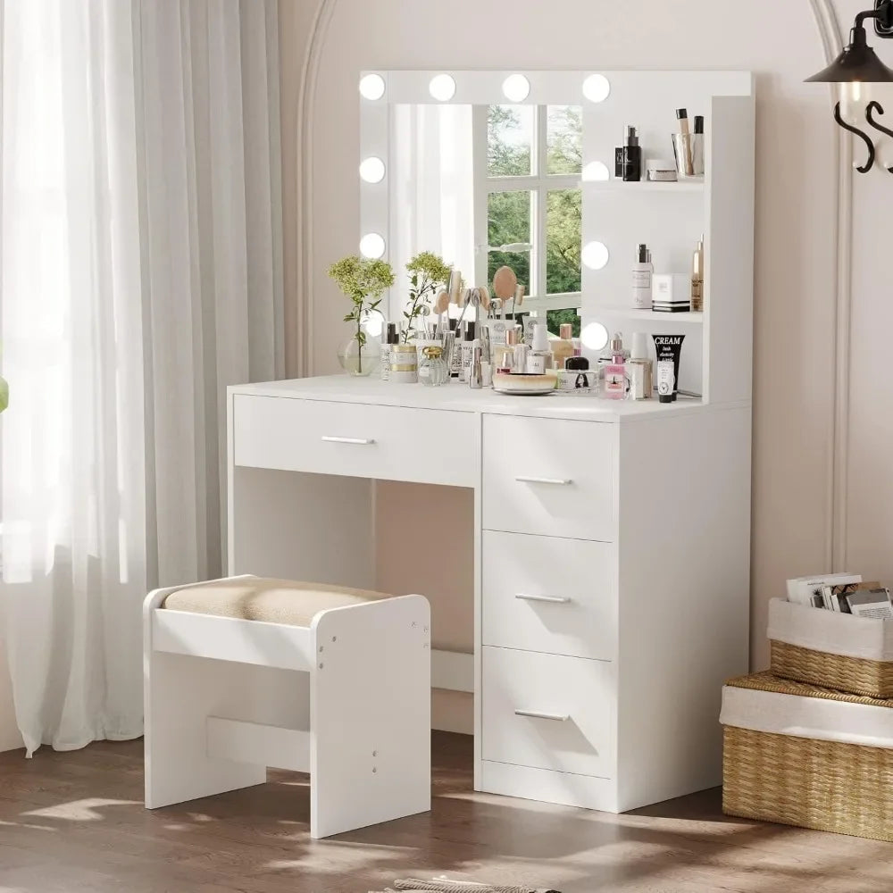 Lighted Makeup Vanity Table with Mirror, 4 Drawers & Storage Shelves