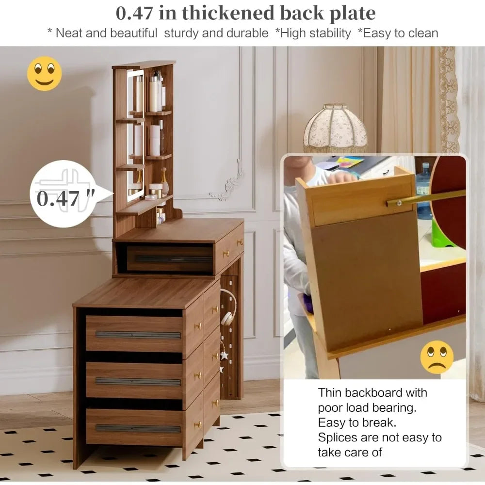 Vanity Desk with Mirror, Lights & Charging Station – 8 Drawers & Adjustable Shelves