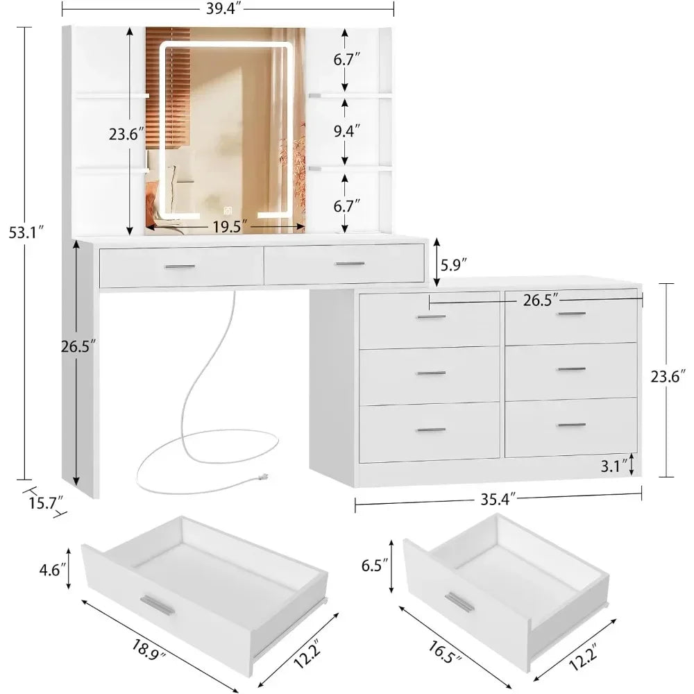 Vanity Desk with LED Lighted Mirror & Power Outlet – 8 Drawers, Open Shelves, Modern Makeup Dressing Table for Bedroom