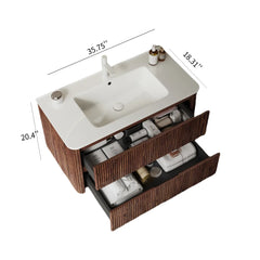 36" Wall-Mounted Bathroom Vanity with Sink, Floating Storage Cabinet with 2 Drawers & White Ceramic Basin