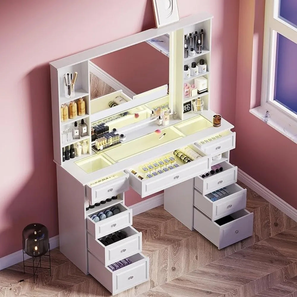 Modern Vanity Set with Lighted Mirror, Extra Large Mirror Makeup Vanity Table with 9 Drawers, European Style Dresser