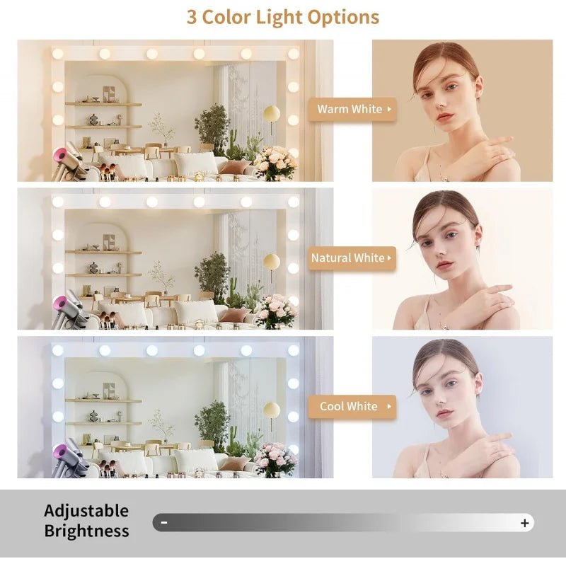 Vanity Desk with Lighted Mirror, 3-Color Modes & Charging Station – 7 Drawers