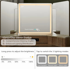 Fluted Makeup Vanity Desk with 3-Way Mirror and Lights – 48" Corner Vanity with Glass Top, Charging Station, and Storage Drawers