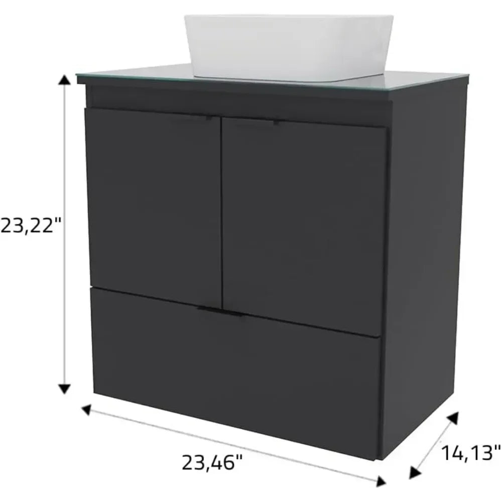24" Floating Bathroom Vanity with Ceramic Sink – Soft-Close Doors & Drawer, Tempered Glass Countertop