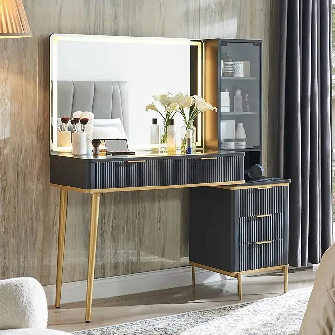 Fluted Makeup Vanity Desk with 36" Lighted Mirror & Glass Top | 48" Wide Dressing Table with Drawers & Shelves