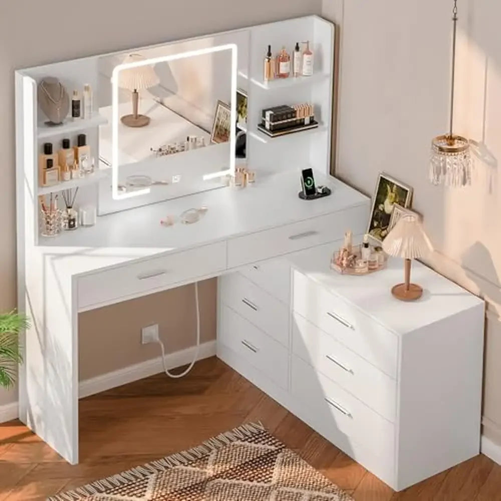 Modern Vanity Desk with LED Mirror, Corner Makeup Table with 8 Drawers & Storage Shelves – White