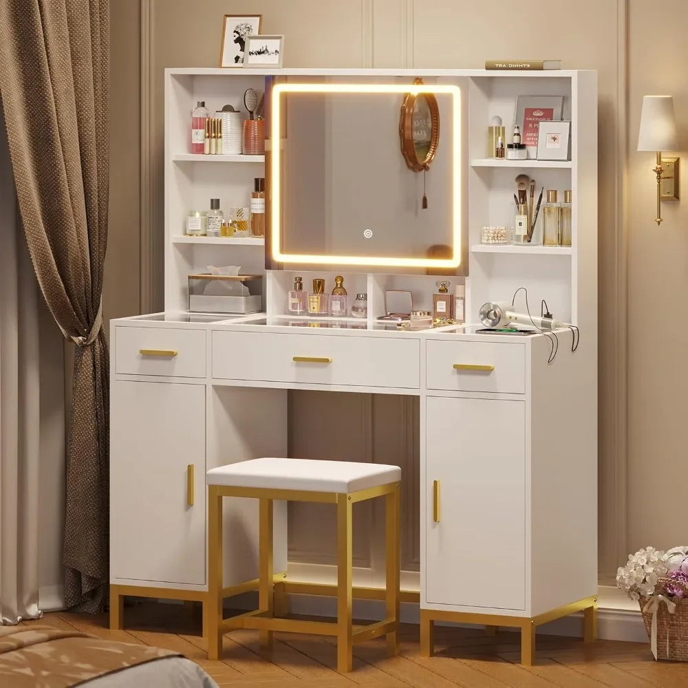 Vanity Desk with Openable Mirror and Lights, Glass Tabletop Makeup Vanity Set with Charging Station – White