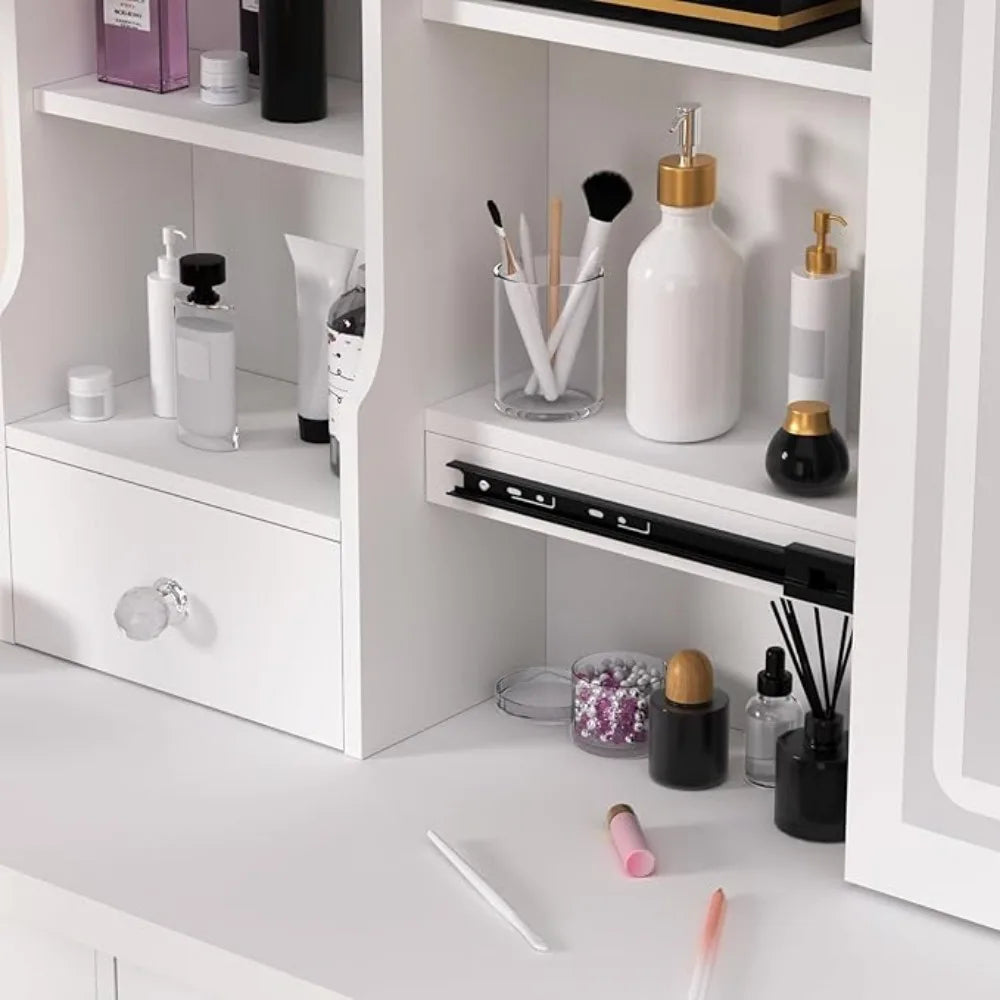 Makeup Vanity Desk with Mirror & Lights Vanity Table with 5 Drawers, Storage Shelves & 3-Color LED Lighting Modes