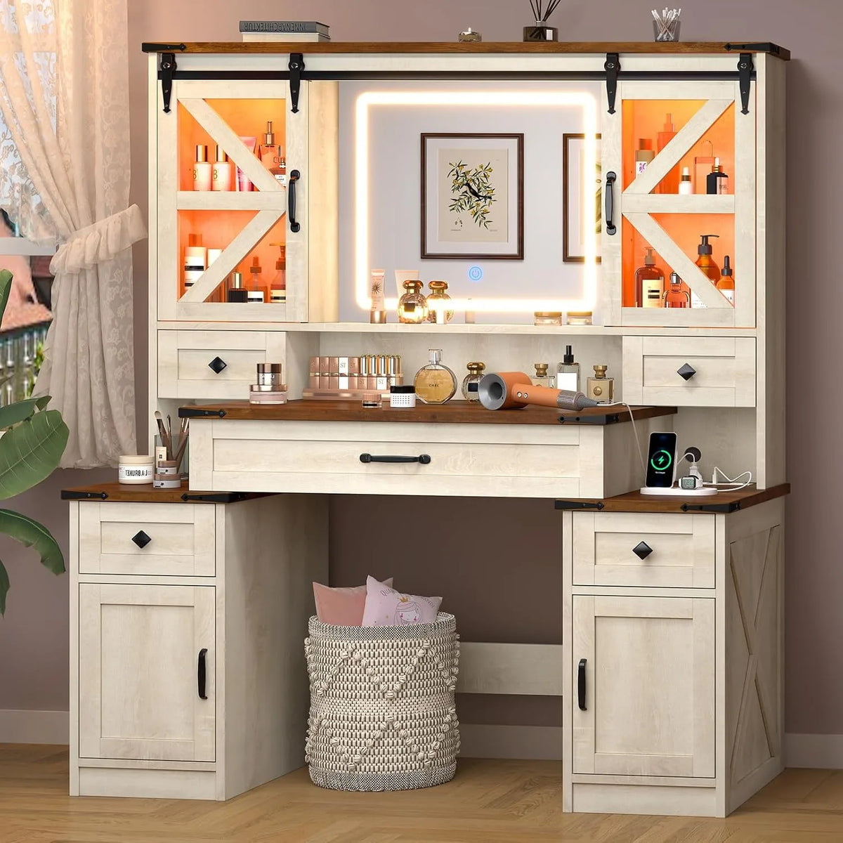45.9" Farmhouse Vanity Desk with Mirror, Lights & Charging Station Sliding RGB Cabinets, Drawers, Adjustable Lighting & Ample Storage