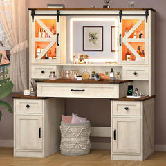 Rustic Farmhouse Vanity Desk with LED Mirror, Charging Station & Sliding RGB Cabinets