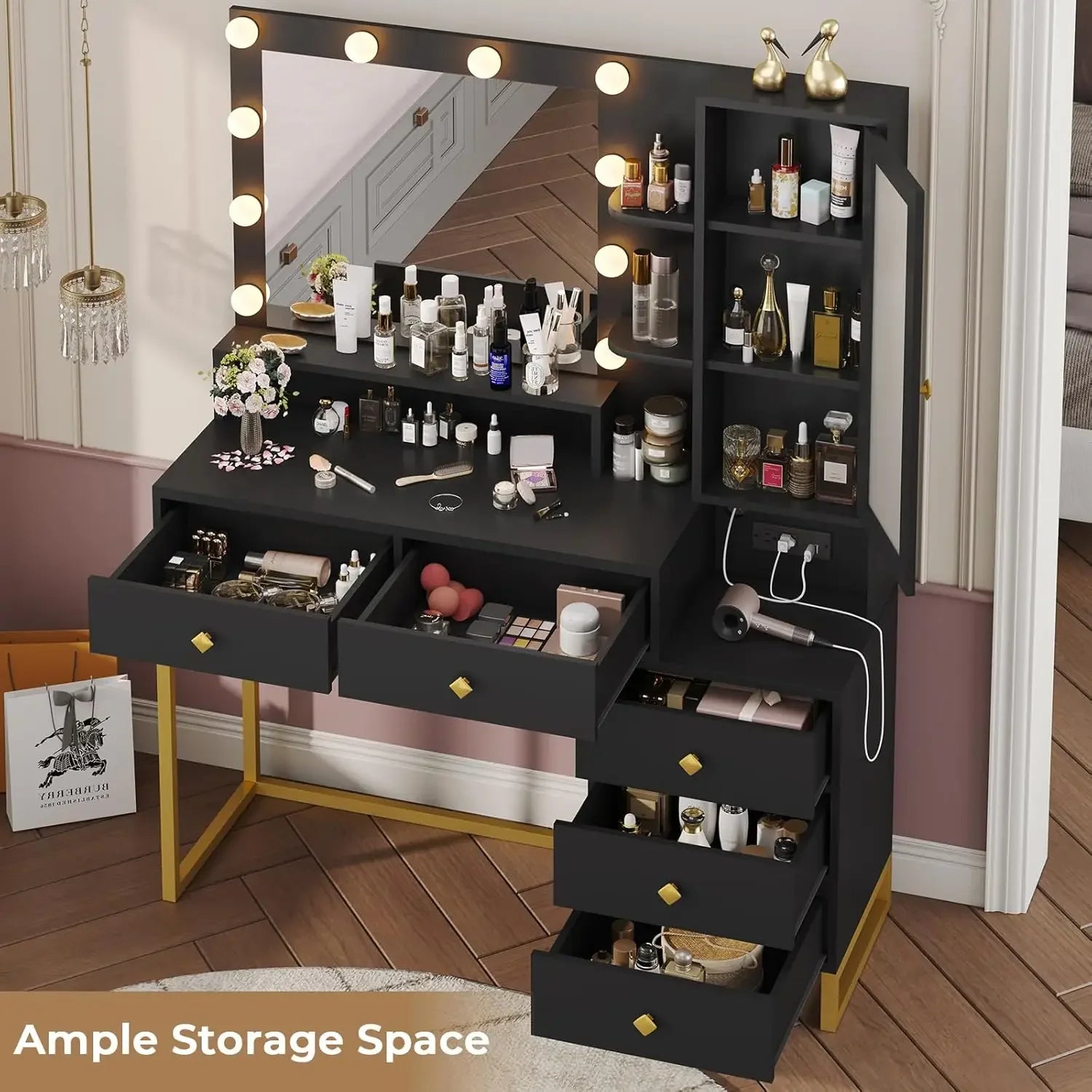Large Vanity Desk with Mirror, Lights & Charging Station – Makeup Table with Nightstand & Storage Drawers